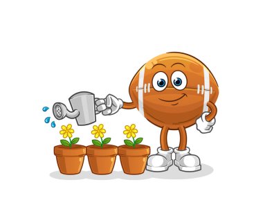 Ragbi topu çiçek maskotunu suluyor. çizgi film vektörü