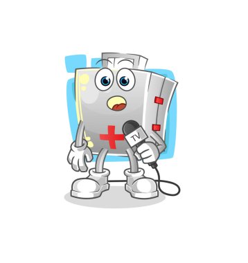 İlk yardım çantası televizyon muhabiri çizgi filmi. çizgi film maskotu vektörü