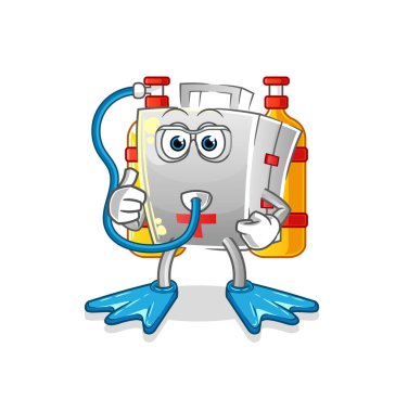 İlk yardım çantası dalgıcı çizgi filmi. çizgi film maskotu vektörü