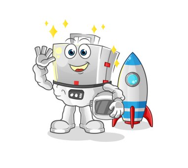 İlk yardım çantası astronotu el sallıyor. çizgi film maskotu vektörü