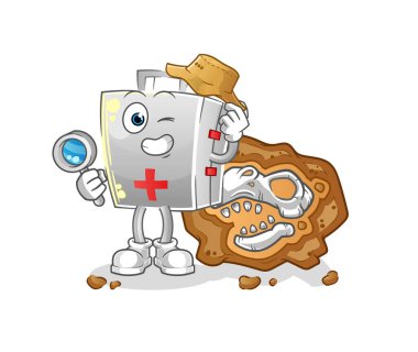 Fosil maskotu olan ilk yardım çantası arkeologları. çizgi film vektörü