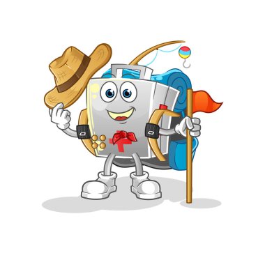 İlk yardım çantası keşif vektörü. çizgi film karakteri