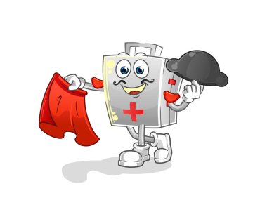 Kırmızı bez resimli ilk yardım çantası matadoru. karakter vektörü