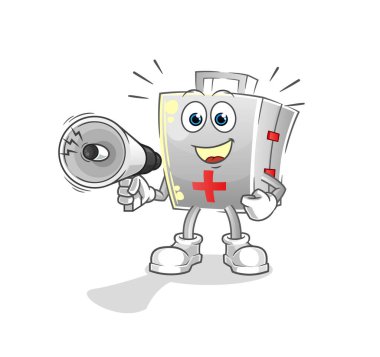 İlk yardım çantası hoparlör vektörünü tutuyor. çizgi film karakteri