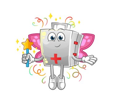 Kanatları ve sopası olan ilk yardım çantası perisi. çizgi film maskotu vektörü