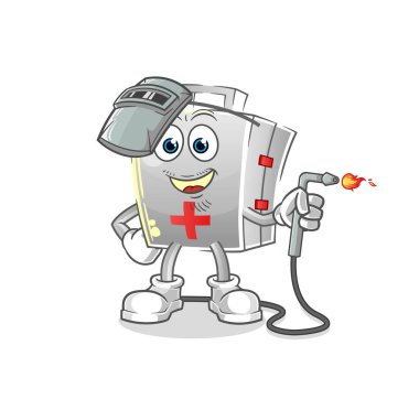 İlk yardım çantası kaynak maskotu. çizgi film vektörü