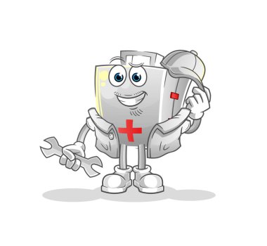 İlk yardım çantası mekanik çizgi filmi. çizgi film maskotu vektörü