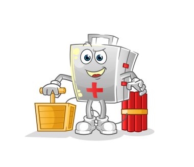 İlk yardım çantasında dinamit fünyesi var. çizgi film maskotu vektörü