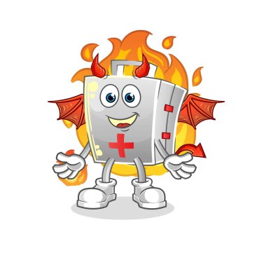 Kanat karakteri olan ilk yardım çantası iblisi. çizgi film maskotu vektörü