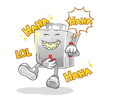 İlk yardım çantası yüksek sesle gülen karakter. çizgi film maskotu vektörü