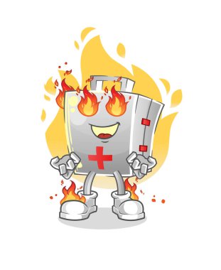 İlk yardım çantası yangın maskotunun üzerinde. çizgi film vektörü