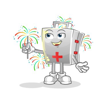 Havai fişek maskotlu ilk yardım çantası. çizgi film vektörü