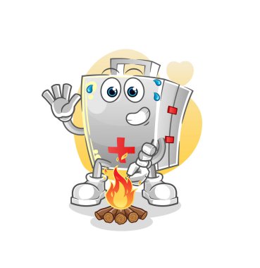 İlk yardım çantası marşmelov kızartıyor. çizgi film maskotu vektörü