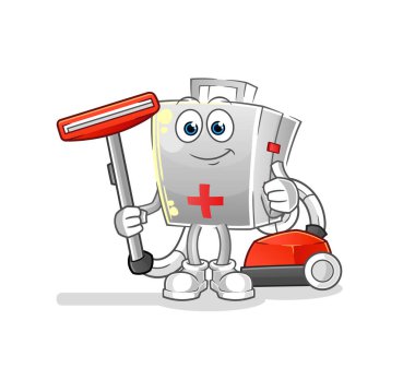 İlk yardım çantası elektrikli süpürgeyle temizlendi. karakter vektörü