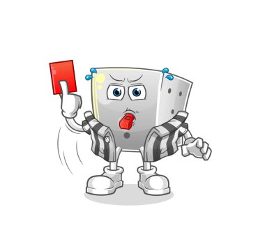 Kırmızı kart illüstrasyonlu zar hakemi. karakter vektörü