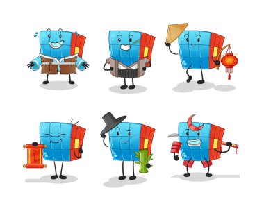 Rubik Küp Asya kültürü seti. çizgi film maskotu vektörü