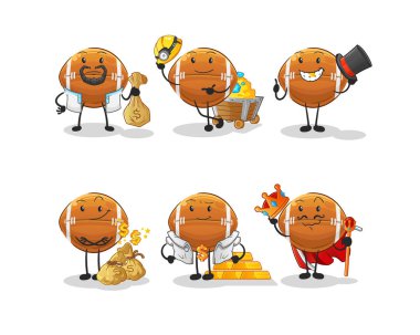 Ragbi topu zengini grup karakteri. çizgi film maskotu vektörü