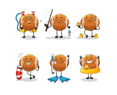 Ragbi topu su aktivite grubu. çizgi film maskotu vektörü