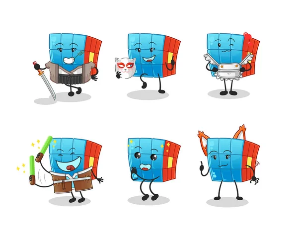Rubik Cube Personnage Groupe Culture Japonaise Mascotte Vecteur — Image vectorielle