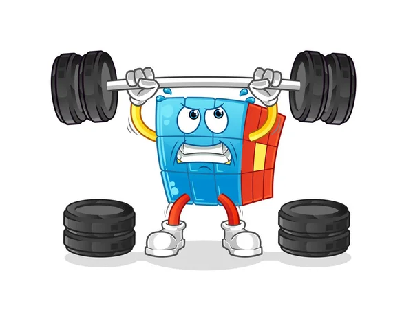 Rubik Cube Lifting Barbell Character Cartoon Mascot Vector — Stock Vector