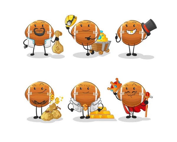 Ragbi topu zengini grup karakteri. çizgi film maskotu vektörü