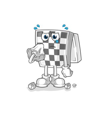 Satranç tahtası peçeteyle ağlıyor. çizgi film maskotu vektörü