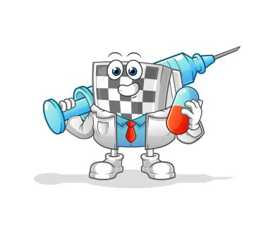 Satranç tahtası doktoru elinde ilaç ve iğne tutuyor.