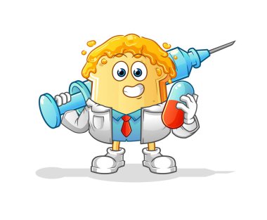İçinde bal olan ekmek doktor elinde ilaç ve iğne tutuyor.
