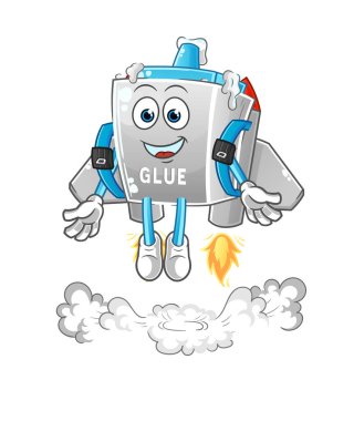 Sırt roketi maskotuyla yapıştırıcı. çizgi film vektörü