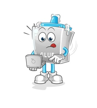 Laptop maskotlu yapıştırıcı. çizgi film vektörü