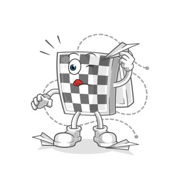 Kağıt uçak karakterli satranç tahtası. çizgi film maskotu vektörü