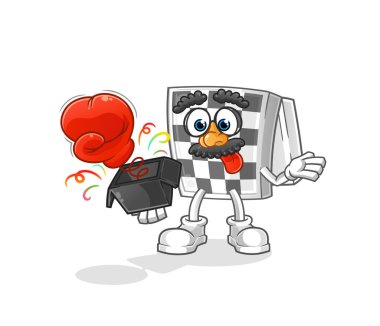 Satranç tahtası şaka eldiveni kutuda. çizgi film maskotu