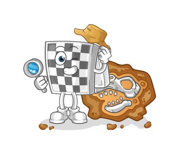 Fosil maskotlu satranç tahtası arkeologları. çizgi film vektörü