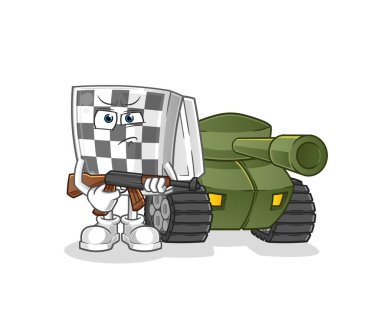 Tank karakterli satranç tahtası askeri. çizgi film maskotu vektörü
