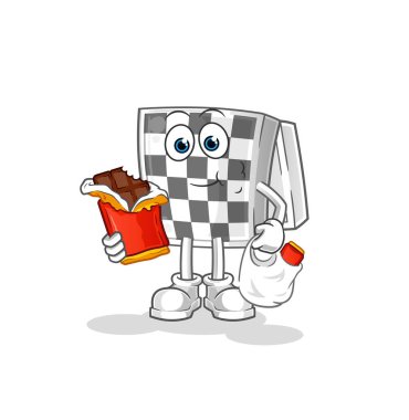 Satranç tahtası çikolata maskotu yer. çizgi film vektörü