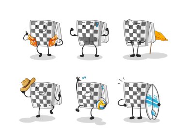Satranç tahtası plaj tatili set karakteri. çizgi film maskotu vektörü