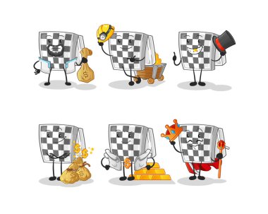 Satranç tahtası zengin grup karakteri. çizgi film maskotu vektörü