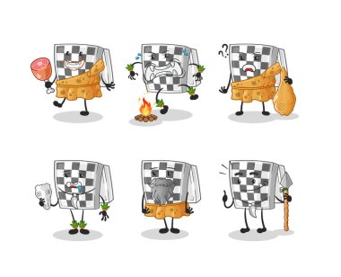 Satranç tahtası ilkel insan grubu karakteri. maskot vektörü