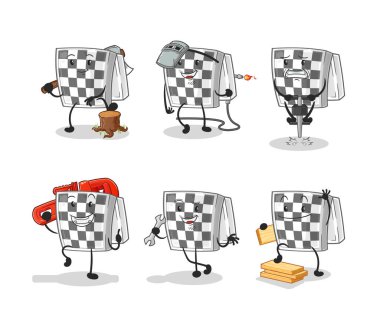 Satranç tahtası işçisi karakter belirledi. çizgi film maskotu vektörü