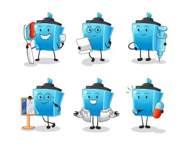 Keçeli kalem doktoru grup karakteri. çizgi film maskotu vektörü