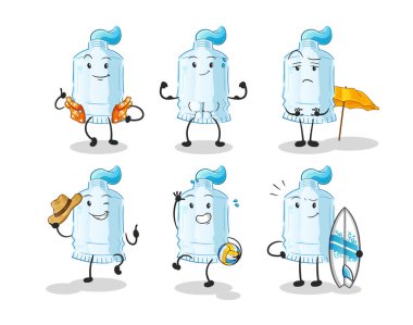 Diş macunu plaj tatili seti karakteri. çizgi film maskotu vektörü