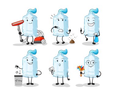 Diş macunu temizleme grubu karakteri. çizgi film maskotu vektörü