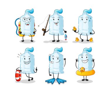 Diş macunu su aktivite grubu. çizgi film maskotu vektörü