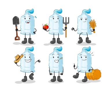 Diş macunu çiftçisi grup karakteri. çizgi film maskotu vektörü