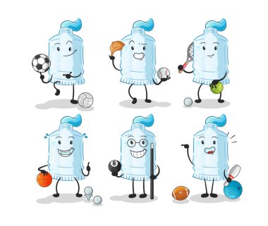 Diş macunu sporu set karakteri. çizgi film maskotu vektörü