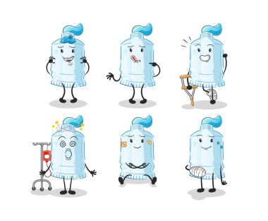 Diş macunu hastası grup karakteri. çizgi film maskotu vektörü