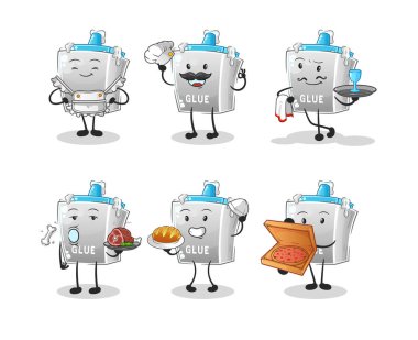 Yapıştırıcı restoran grubu karakteri. çizgi film maskotu vektörü