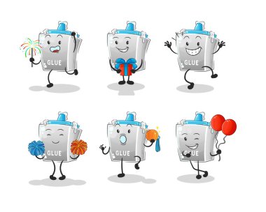 Yapıştırıcı kutlaması karakter belirledi. çizgi film maskotu vektörü