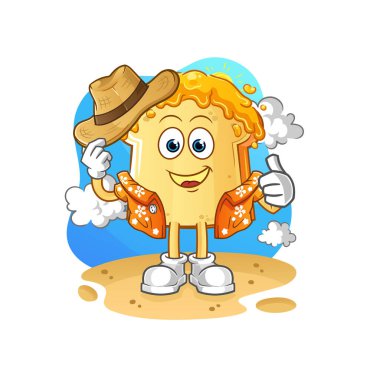 Ballı ekmek tatile gider. çizgi film maskotu vektörü