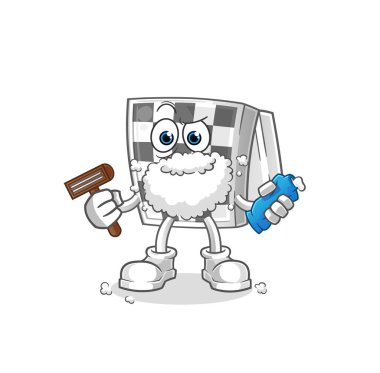 Satranç tahtası yüz kıllarını tıraş ediyor. çizgi film karakteri